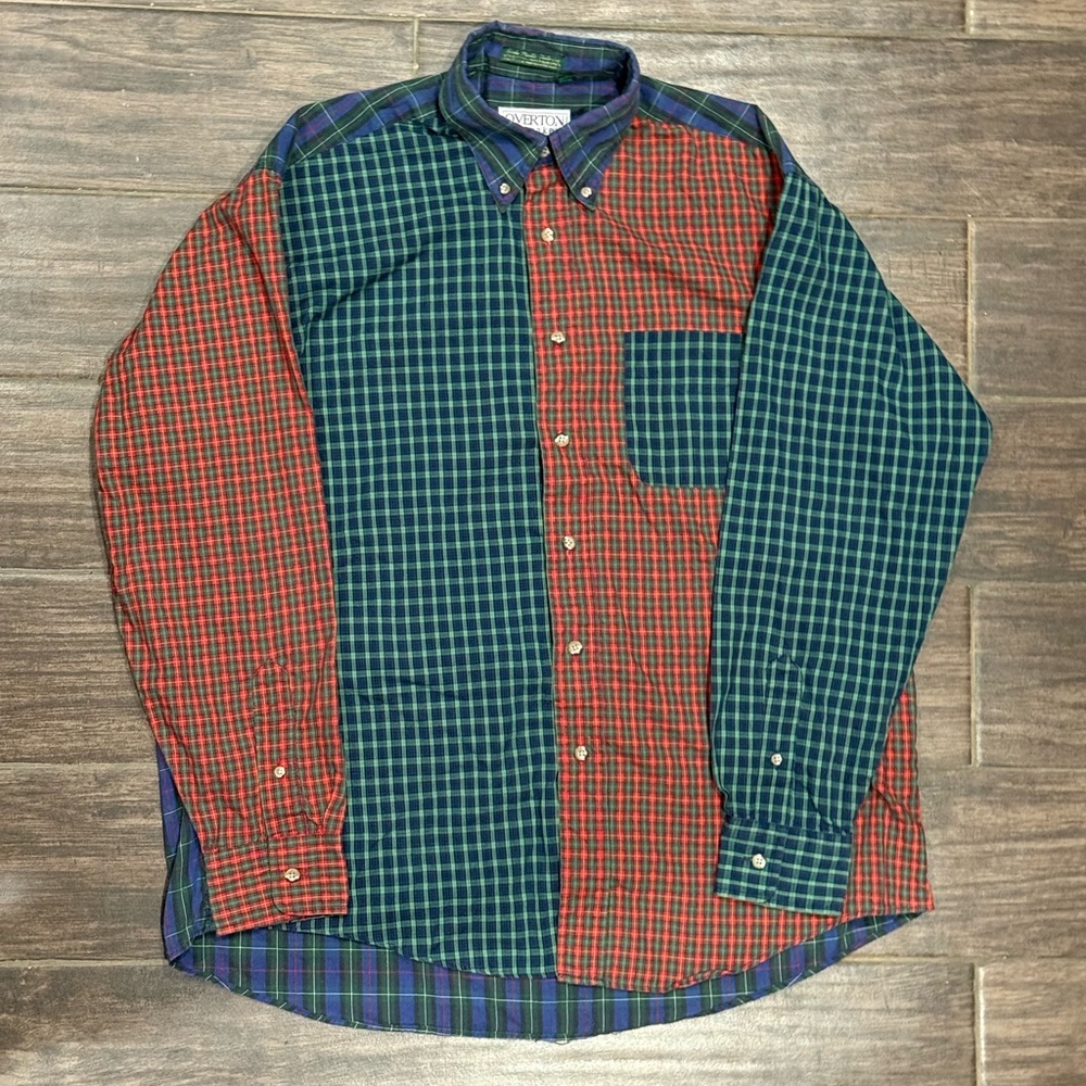 Vtg Overton Shirtmakers Patchwork Plaid Button Down Shirt Multi-Color 90s Medium